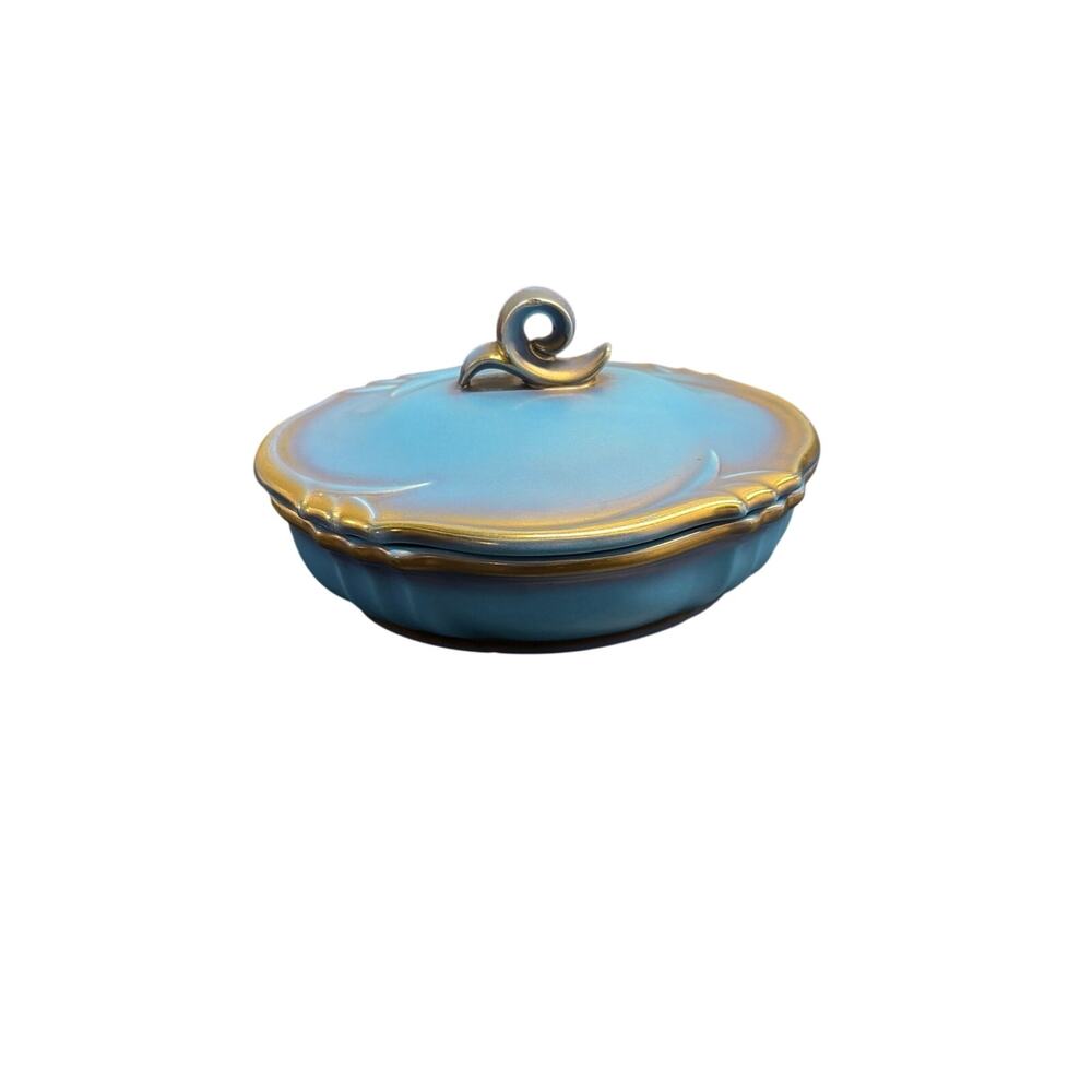 Vintage Wien Keramos Ceramic Dish with Lid 8" Blue & Metallic Gold Matte 3207